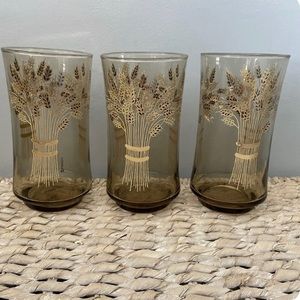 Set 3 Vintage MCM Libbey Franco Wheat Water Glasses Tumbler Smokey Amber.